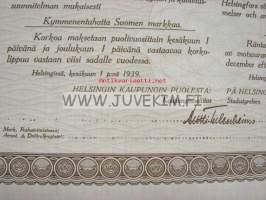 Helsingin Kaupungin 5% Obligatiolaina 1939, 10 000 mk -obligaatio