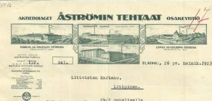 Åströmin Tehtaat Oy Turku 1923 - firmalomake