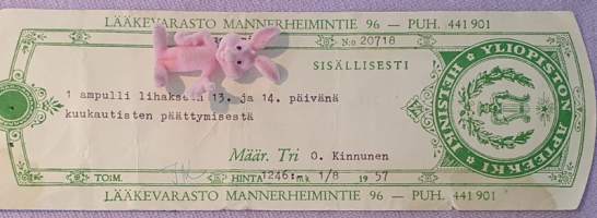 Yliopiston Apteekki, Helsinki, 1957, Lääkevarasto Mannerheimintie 96, resepti signatuuri