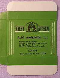 Karhu Apteekki, Tampere - pahvipakkaus käyttämätön. Acid.acetylsalic 1.0 - kuumeeseen ja särkyyn.