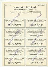 Pohjoismaiden Trikoo Oy, osakekirjan talonki ja  osinkoliput 1938-57