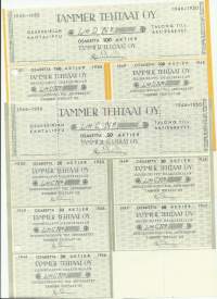 Tammer Tehtaat Oy  osakekirjan talonki ja  osinkoliput 1946-50, 50 ja 100 osakkeen 2 eril