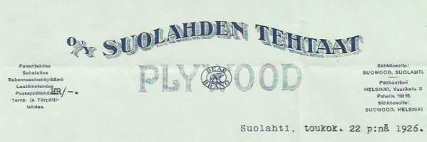 Suolahden Tehtaat Plywood Oy Suolahti 1926 - firmalomake