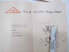VEL nr 6 - Tyyppi &quot;Pikku Matti&quot; -tyyppitalo 11,0 neliömetriä sauna + pukuhuone -pohjapiirustus 1:200 / mainosesite