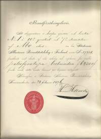 Städernas allmänna Brandstodsbolag i Finland  - vakuutuskirja 1896