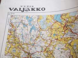 Uutis-Valjakko - lehden Kotiseutukartta 1962, lehden levikkialue / kulmapaikat Pyhämaa - Yläne - Parainen - Houtskari -pohjana Suomen taloudellinen kartta 1925