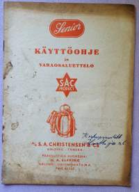 Senior -lypsykoneen käyttöohje ja varaosaluettelo 1951. S.A.C. product.