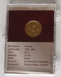 Suomalaiset käyttörahat kullattuina 5 penniä tyyppi 1918 -1940 2,5 g 18 mm Kupari