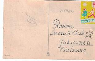 Tuberkjuloosiliiton joulumerkki kortissa, v. 1955. Piirileikki, piirtäjä Singe Hammarsten- Janssen. Merkkisarjan n:o 5.