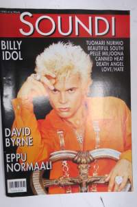 Soundi 1990 nr 6, Billy Idol, David Byrne, Eppu Normaali, Tomari Nurmio, Beautiful South, Pelle Miljoona, Canned Heat, Death Angel, Love/Hate.