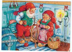 Joulukortti--Susanna Hartman kerääjälle joulupukki  ja muori  kahvitauolla. Kulkenut , leimä huono   mutta joulumerkki 0.55e.