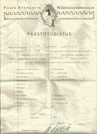 Porin Rykmentin Reservialiupseerikoulun päästötodistus 1939