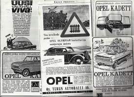 Opel  mainoksia lehtileikkeleitä liimattuna pahville   yht n 5 kpl