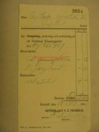 National kassakoneen huoltokuittiUudenkaupungin  apteekki v. 1911