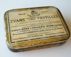 Evans&#039; Antiseptic Throat Pastilles , tyhjä tuotepakkaus 6x8x2 cm peltiä