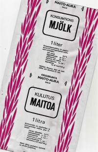 Maito-Aura  Salo - Kulutusmaitoa, maitopussi, muovipussi avattu tuotepakkaus, 1960-70