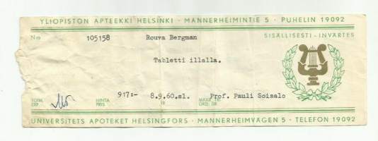 Yliopiston Apteekki Mannerheimintie Helsinki - resepti signatuuri 1960