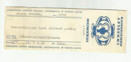 Kaisaniemen Apteekki  Helsinki - resepti signatuuri 1962
