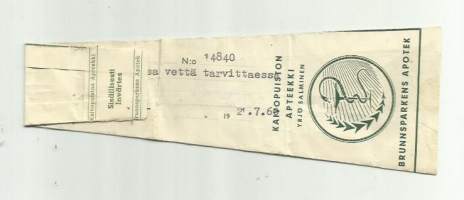 Kaivopuiston  Apteekki Yrjö Salminen  Helsinki - resepti signatuuri 1960