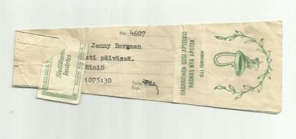 Hakaniemen Uusi  Apteekki Elli Turunen Helsinki - resepti signatuuri 1952