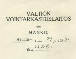 Valtion Vointarkastuslaitos Hanko 1925  -   firmalomake