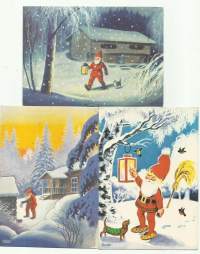 Tonttu kierroksella Teutori  sign - joulukortti sign taiteilijapostikortti  postikortti 3 kpl erä
