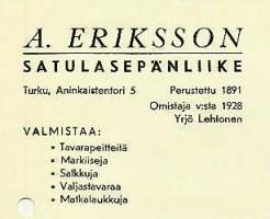 A Eriksson Satulasepänliike   Turku 1954  - firmalomake