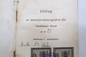 Chevrolet personbil / henkilöauto, ägare / omistaja Holger Nordblom (Embolstad, Finström) &amp; Ruben Johansson, Näs, Saltvik) -registerutdrag / rekisteriote 1937-38