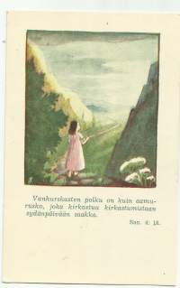 Vanhurskasten polku... sign Laura Järvinen (1907-79) -   taiteilijapostikortti lapsipostikortti raamatunlause postikortti kulkematon