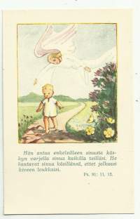 Hän antaa enkeleilleen... sign Laura Järvinen (1907-79) -   taiteilijapostikortti lapsipostikortti raamatunlause postikortti kulkematon