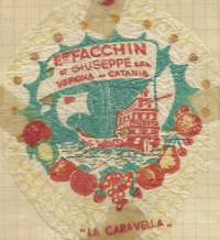 La Caravella Spanien - tuote-etiketti vanha hedelmäkääre, hedelmäkäärepaperi n 8 cm 1952
