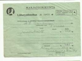 Kansanhuoltoministeriö / Marjatoimikunta - Lähetysilmoitus puolukoita 1945