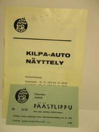 Kilpa-auto näyttely Turku Konserttisali 19.-21.10. 1973 - käsiohjelma + pääsylippu.