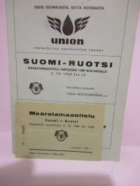 Suomi-Ruotsi Maaratamaaottelu Turku Hippoksen 1.000 M:N radalla 2.10.1960 - käsiohjelma + pääsylippu