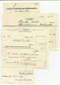 Kuitteja vuodelta 1937 mm Liedon Puhelinosuuskunta, Liedon Meijeri, Liedon Kirkkoherra - firmalomake 5 kpl
