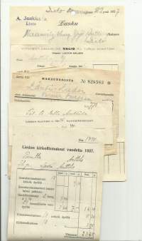 Kuitteja vuodelta 1937 mm Liedon Osuuskassa, Liedon Meijeri, Liedon Kunta - firmalomake 5 kpl