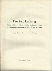 Fötteckning över aktiers värden för inkomst- och förmögenhetsbeskattningen år 1941