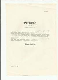 Päiväkäsky nr 1355 / 1940 Jalmar Castrenkiittää koko VR henkilöstöä Mannerheimilta saamastaan I luokan vapaudenristin rintatähdestä