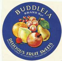 Buddleia Brand Rgd  Fruit Sweets  makeiskääre tuote-etiketti 1930-luku   16 cm