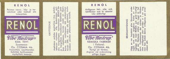 Renol tahranpoistoaine  - tuote-etiketti  1930-luku