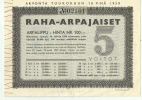 Raha-arpajaiset  5 /1939 arpalippu
