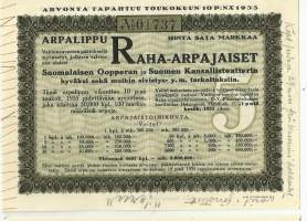 Raha-arpajaiset  Suomen Oopperan ja Suomen Kansallisteatterin  hyväksi yms  5 /1935 arpalippu