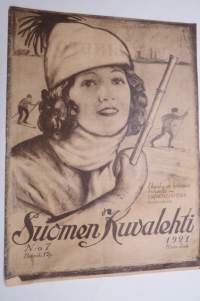 Suomen Kuvalehti 1921 nr 7, kansikuva &quot;Hauska on hiihtäjän hihdellä urheiluaitan tamineissa&quot;, Äskeisen myrskyn tuhoja, Syrjäänien maa ja kansa, Viron kuvia, ym.