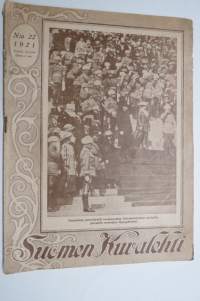 Suomen Kuvalehti 1921 nr 22, kansikuva Tasavallan presdentti vastaanottamassa Nikolainkirkon portailla paraatin armeijan lippupäivänä, Ärsytetty kaunotar, ym