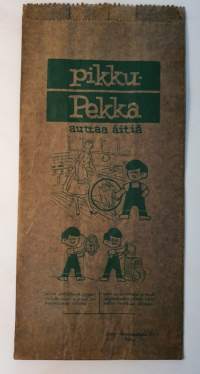 PIKKU-PEKKA AUTTAA ÄITIÄ -ROSKAPUSSI. valmistaja Auran Rautateollisuus Oy, Turku