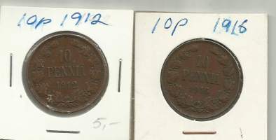 10 penniä 1912 ja 1916  - tsaari Nikolai II aikaisia