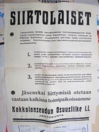 Siirtolaiset! - Lausumme teidät tervetulleiksi toimialueellamme Kokkola, Veteli, Halsua, Perho - Kokkolanseudun Osuusliike i.l., 1944 -juliste / poster