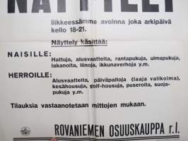 SOK:n neulomon ja trikootehtaan tuotteitten näyttely - Rovaniemen Osuuskauppa -juliste / poster