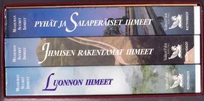 Maailman suuret ihmeet, 1993. 3:n VHS-kasetin boksi. 1. Ihmisen rakentamat ihmeet. 2. Luonnon ihmeet. 3. Pyhät ja salaperäiset ihmeet.