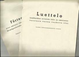 Luettelo osakkeiden arvoista tulo- ja omaisuusverotusta varten vuodelta 1941 suomeksi ja ruotsiksi